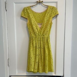 Yellow Lace Faux Wrap Dress with Slip